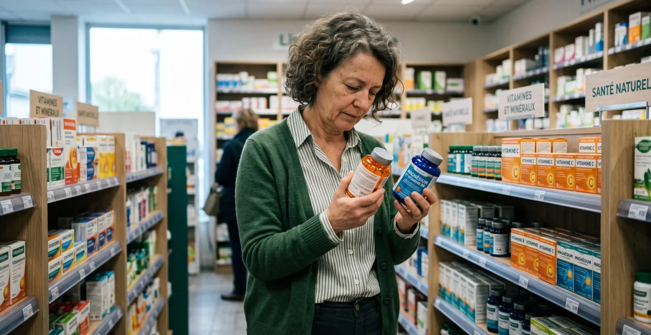Personne comparant deux flacons de compléments alimentaires dans le rayon santé d'un magasin spécialisé