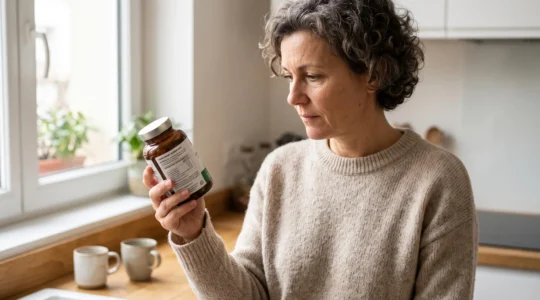 Personne lisant attentivement l'étiquette d'un flacon de complément alimentaire dans un intérieur domestique